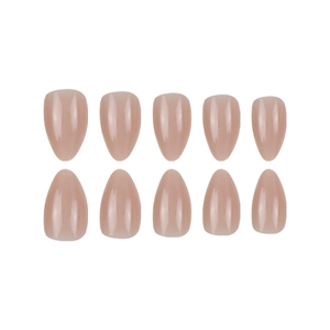 Glossy nude pink almond-shaped press-on nails set with 10pcs on white background