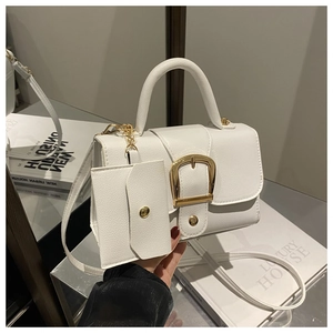 Detailed view of a white square handbag with golden hardware and a small coin purse