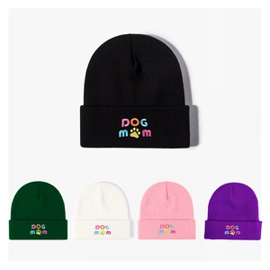 Dog Mom Embroidered Knitted Beanie Hat Acrylic Warm Winter Ribbed Cap With Colorful Lettering And Paw Print Unisex