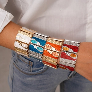 Wide Stretch Bracelet Alloy Hammered Metal Enamel Geometric Square Retro Bohemian Style Fashion Jewelry For Women