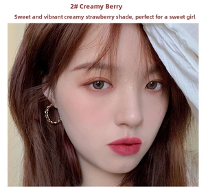 Swatches of 2# Creamy Strawberry velvet matte lip glaze on Asian female lips