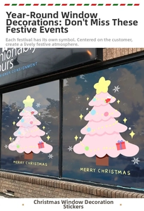 Detail of pink Christmas tree window sticker with Merry Christmas greeting on glass