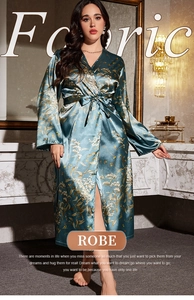 Floral print satin robe detail with V-neckline and elegant tie waist for women