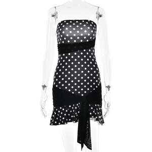 Sexy black polka dot mini dress with mesh patchwork and side tie details for women