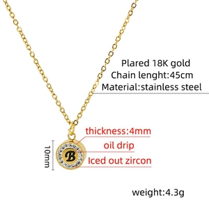 Detail view of 18K gold plated letter B pendant with zircon setting and dimensions