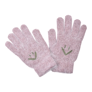 Detail of pink knitted mohair gloves featuring green V-shaped embroidery and ribbed cuffs