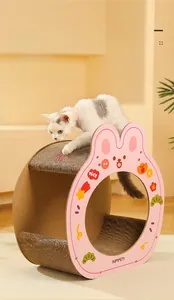 Macro detail of cartoon rabbit cardboard cat scratcher with durable corrugated texture