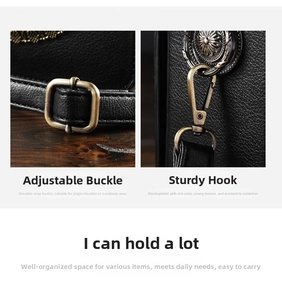 Detail of adjustable metal buckle and hook on black lychee grain crossbody bag