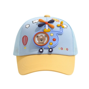 Kids breathable mesh baseball cap with blue helicopter and yellow sun visor for summer