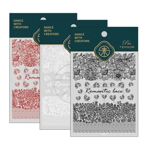 French romantic 5D embossed nail stickers set with red, white, and black lace flower patterns
