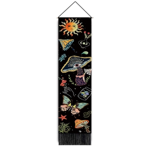 Bohemian mushroom tapestry with sun and butterfly patterns on black fabric background