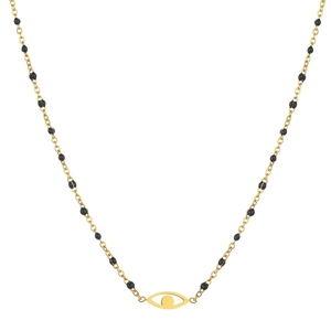 Vue détaillée du collier en acier doré avec pendentif œil protecteur et perles noires