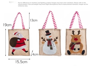 Three Christmas burlap gift bags with Santa, snowman and reindeer 3D character applique