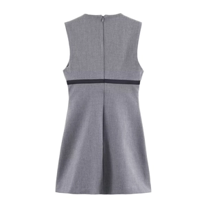 Elegant sleeveless grey mini dress with black waist bow and invisible back zipper closure