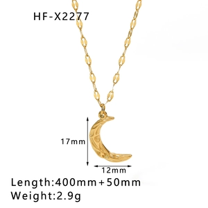 Detailed specs of the gold crescent moon pendant necklace with irregular lava texture