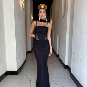 Elegant black bodycon maxi dress with mesh panels and halter neck accessory