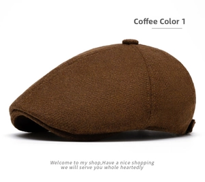 Detailed texture of coffee wool blend newsboy cap with reinforced stitching and top button