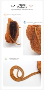 Detail of plush teddy fleece bear bag featuring smooth plastic zipper and cotton strap