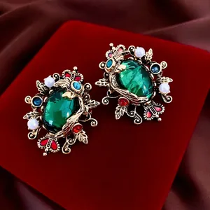 Vintage Baroque Stud Earrings With Emerald Green Resin Gemstone Imitation Artificial Pearl And Silver Earring Post For Women