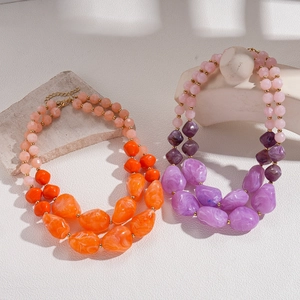 Double-layered acrylic beaded necklace with irregular colorful faceted resin beads