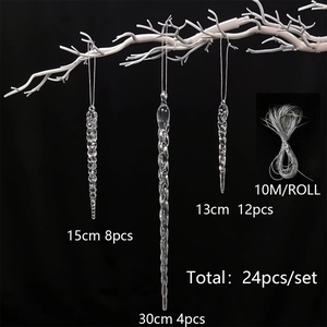 24-piece clear acrylic icicle ornament set with 10m silver hanging cord for Christmas trees