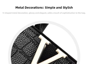 Close-up of golden V-shape hardware on black crocodile embossed leather handbag