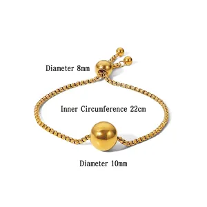 Adjustable 18K gold plated stainless steel box chain bracelet with 10mm round bead charm