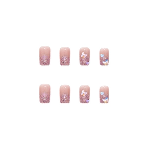 Pink press-on nails set with aurora butterflies, glitter flakes and heart charms