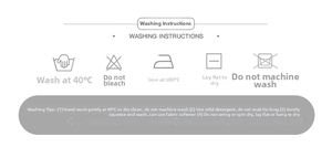 Detailed washing instructions for cashmere-like scarf with clear care symbols and advice