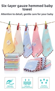 Detail of six-layer cotton gauze baby towels with cute cartoon prints and soft texture