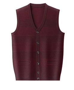 Close-up of wine red knitted vest showing V-neckline, button closure and pocket detail