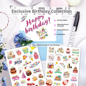 Macro detail of waterproof laser glitter birthday stickers with cake and balloon designs