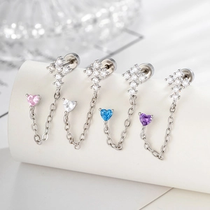 Heart Cross Cubic Zirconia Cartilage Piercing Studs Titanium Steel Double Ear Hole Chain Jewelry For Women