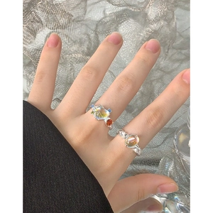 S925 sterling silver heart ring with colorful zircon and moonstone on silver fabric