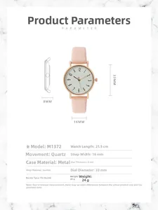 Detailed specs of rose gold quartz watch with pink leather strap and white dial