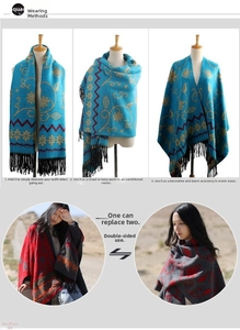 Close-up detail of ethnic cashmere shawl featuring floral patterns and fringe edges