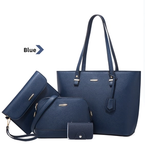 Blue 4-piece handbag set featuring textured tote, shell bag, clutch and card holder