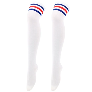 Close-up of white thigh high socks with red and blue stripes and knitted texture