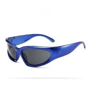Side view of metallic blue wrap-around Y2K cycling sunglasses with grey lenses
