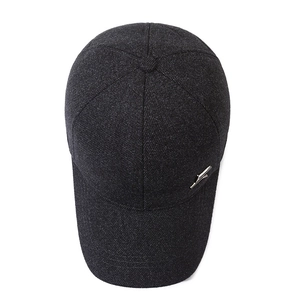 Winter thermal baseball cap in dark grey wool blend with ear flaps and metal decor