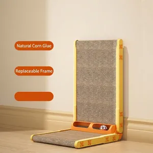 L-shaped vertical corrugated cardboard cat scratcher with bell ball and yellow frame