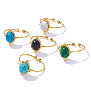 Set of 5 gold-plated stainless steel open rings with colorful marble stones and twisted bands
