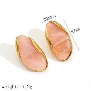 Detailed size view of gold oval earrings with pink marble inlay showing 37mm height