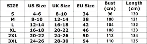 Size chart detail for bell sleeve V-neck dress showing US/UK/EU bust and length measurements