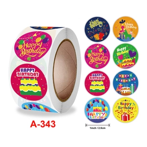 Roll of 500 Happy Birthday stickers with 8 colorful cartoon designs for gift sealing