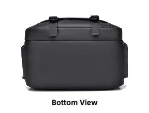 Detail view of large capacity backpack bottom with waterproof material and buckles