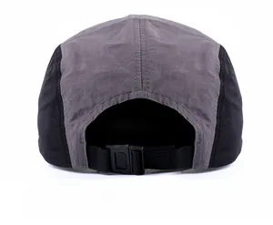 Rear view of five-panel sport cap showing adjustable buckle strap and breathable mesh fabric