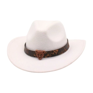 Detail of white fedora hat featuring a brown leopard print band and metal leopard buckle