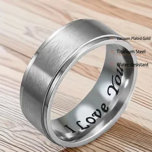 Brushed titanium steel ring for men with I Love You engraving and waterproof finish