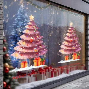 Adesivo Finestra Albero Di Natale Rosa Adsorbimento Statico PVC Senza Colla Decorazione Natalizia Porta Vetro Doppia Faccia